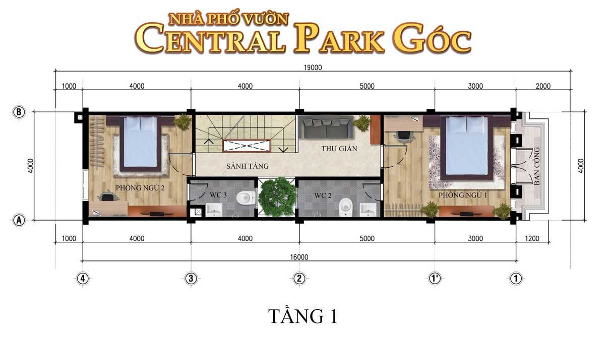 thiet ke tang 1 nha pho vuon central park goc - DỰ ÁN THẮNG LỢI CENTRAL HILL BẾN LỨC LONG AN