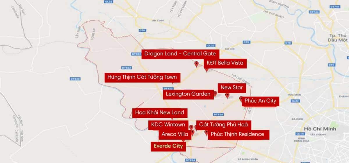THỐNG KÊ CÁC DỰ ÁN ĐẤT NỀN TẠI LONG AN Bản đồ các dự án tại Huyện Đức Hoà - THỐNG KÊ CÁC DỰ ÁN ĐẤT NỀN TẠI LONG AN